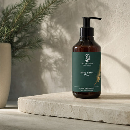 Body & Hair Wash bottle on a Dolomite stone slab with pine
