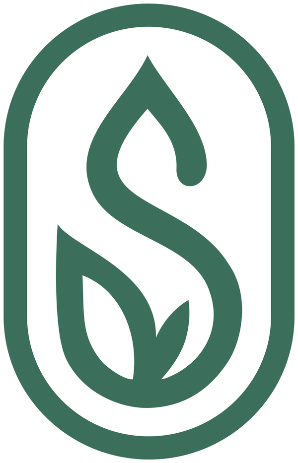 Scentieri logo, pill-shaped S monogram with leaves, in emerald green