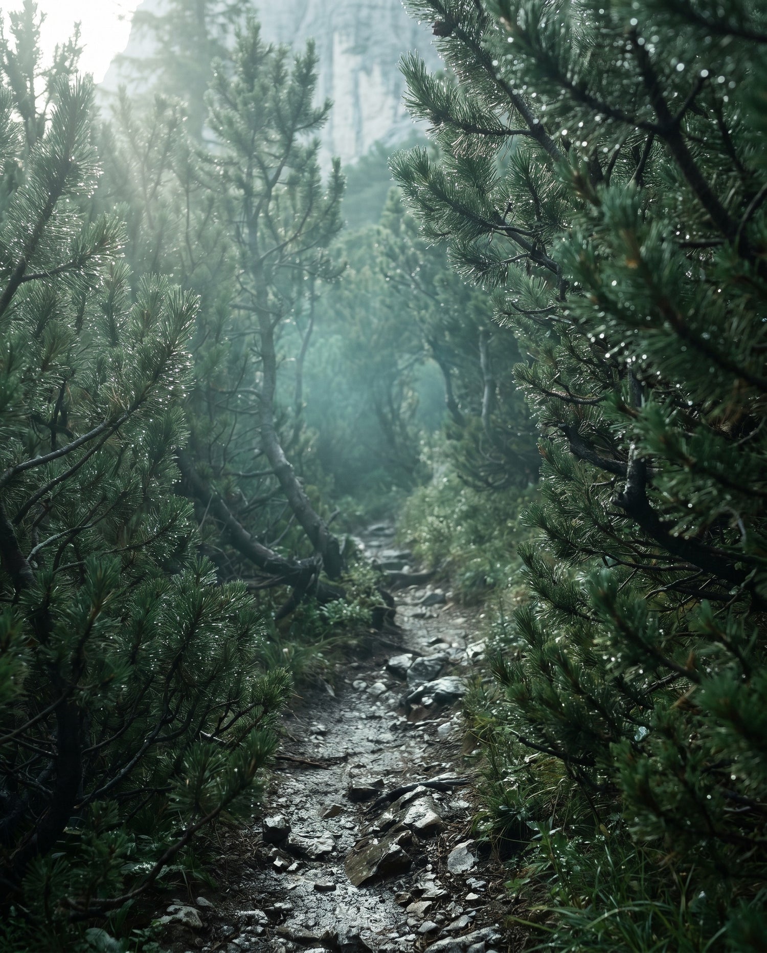 Empty narrow alpine path — Pine Serenity feature