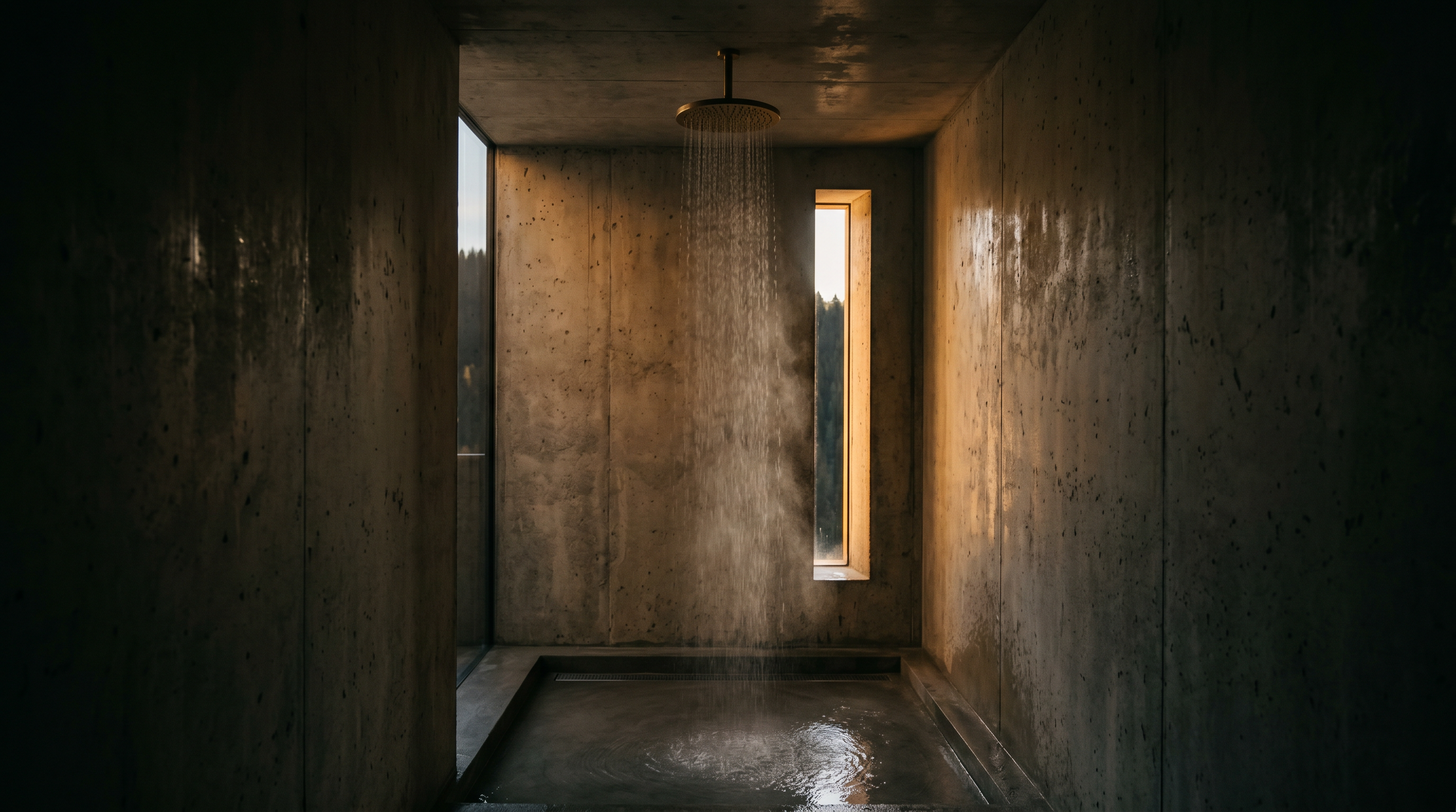 Minimalist alpine spa shower in raw concrete with a single brass rainfall shower head